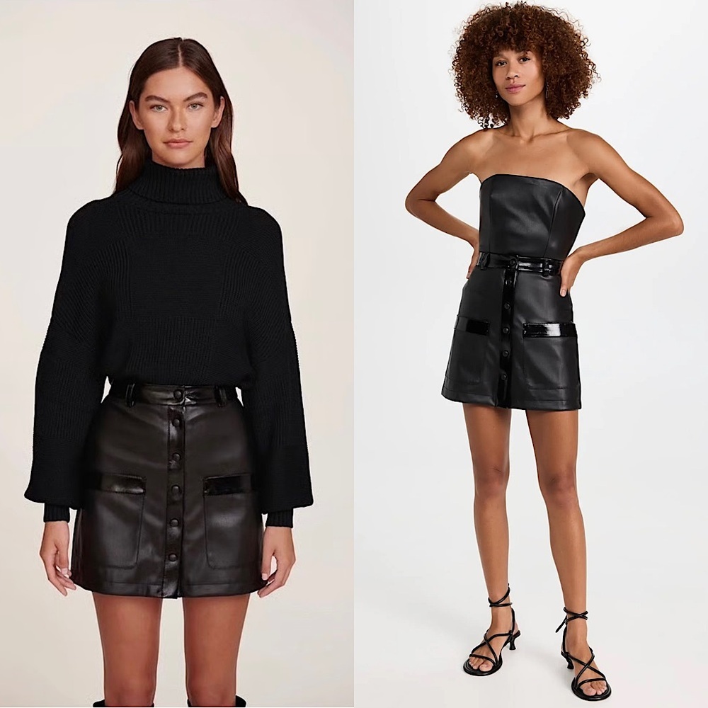 STAUD 70s Faux Leather‎ High Waist Button Front Patent Trim Pocket Mini Skirt 6